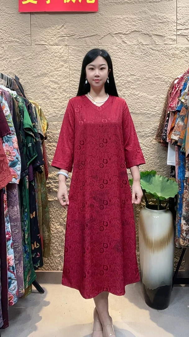 （中袖玫瑰花)v领提花简约时尚显瘦气质女装连衣裙时尚