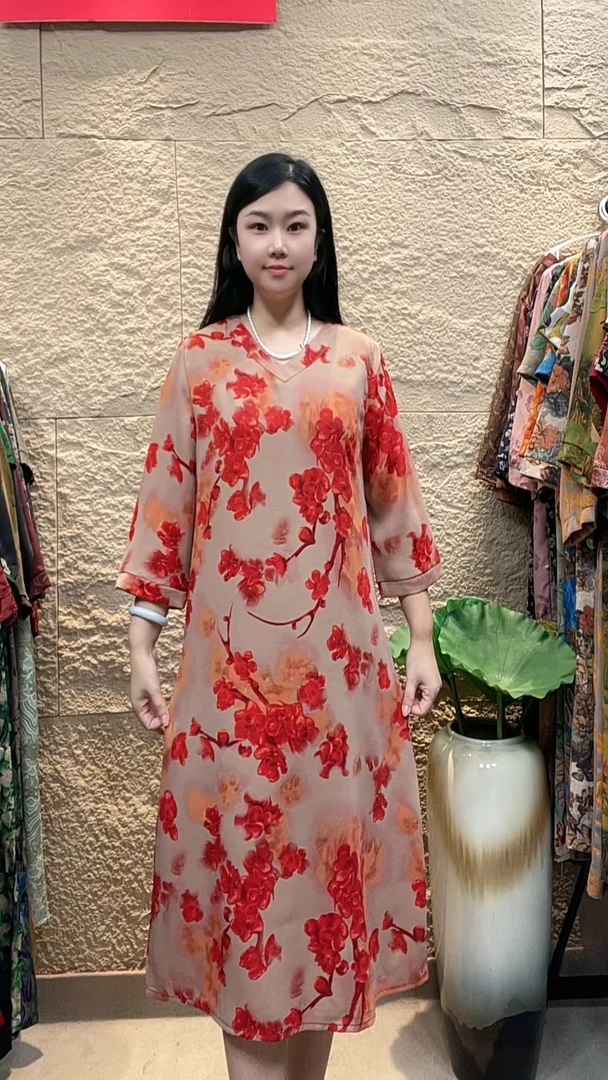 （闭月绣花）早秋洋气时尚气质印花中袖优雅宽松连衣裙
