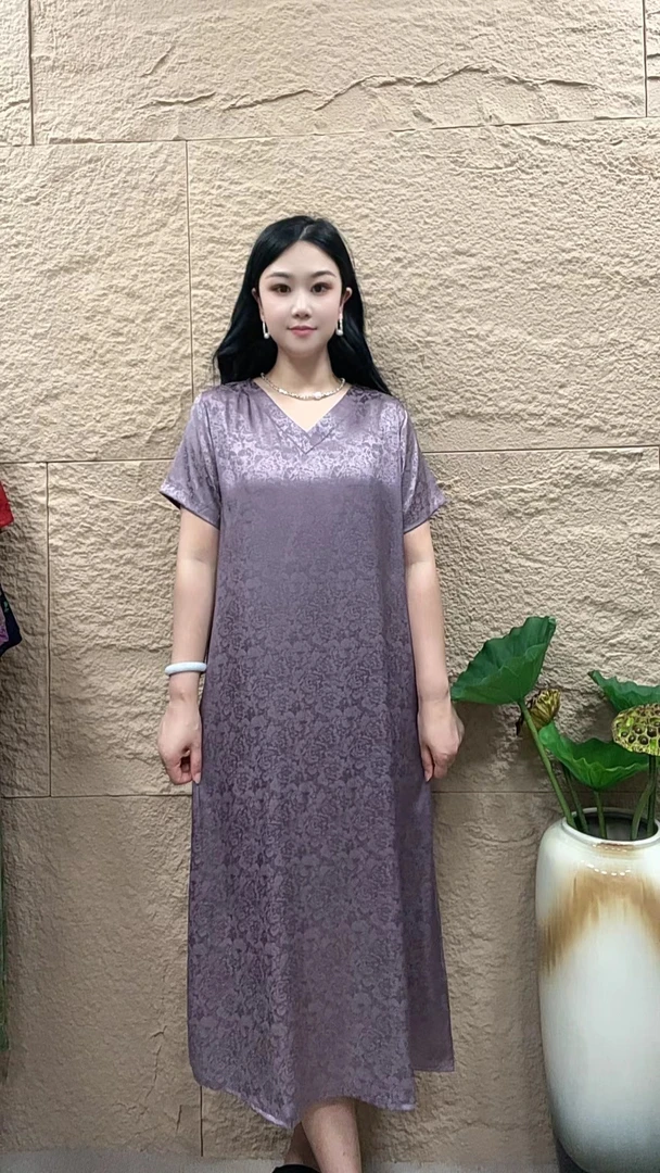 （香芋紫）新款夏季妈妈装v领短袖气质显瘦连衣裙