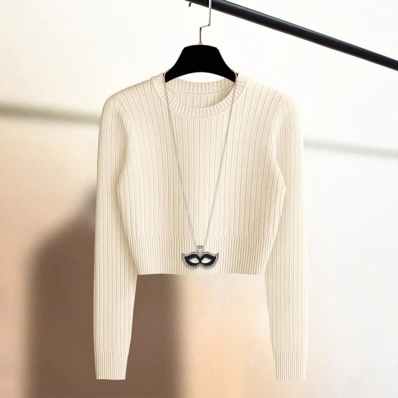 欧货高腰短款长袖套头毛衣女秋冬新款保暖打底针织衫春款宽松上衣