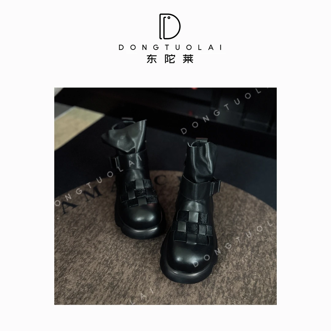 《奶泡鞋》牛皮时尚黑色真皮粗跟时装设计师复古牛仔英伦圆头秋冬