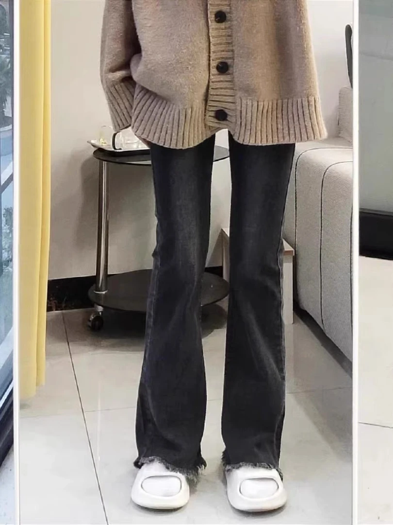 高腰弹力微喇叭牛仔裤女秋冬大码胖mm修身显瘦梨形身材毛边阔腿裤