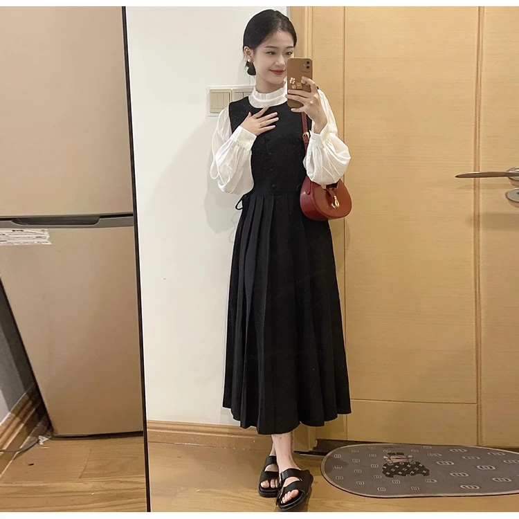 2024秋季新款大码法式两件套背带百褶连衣裙半高领长袖衬衫上衣