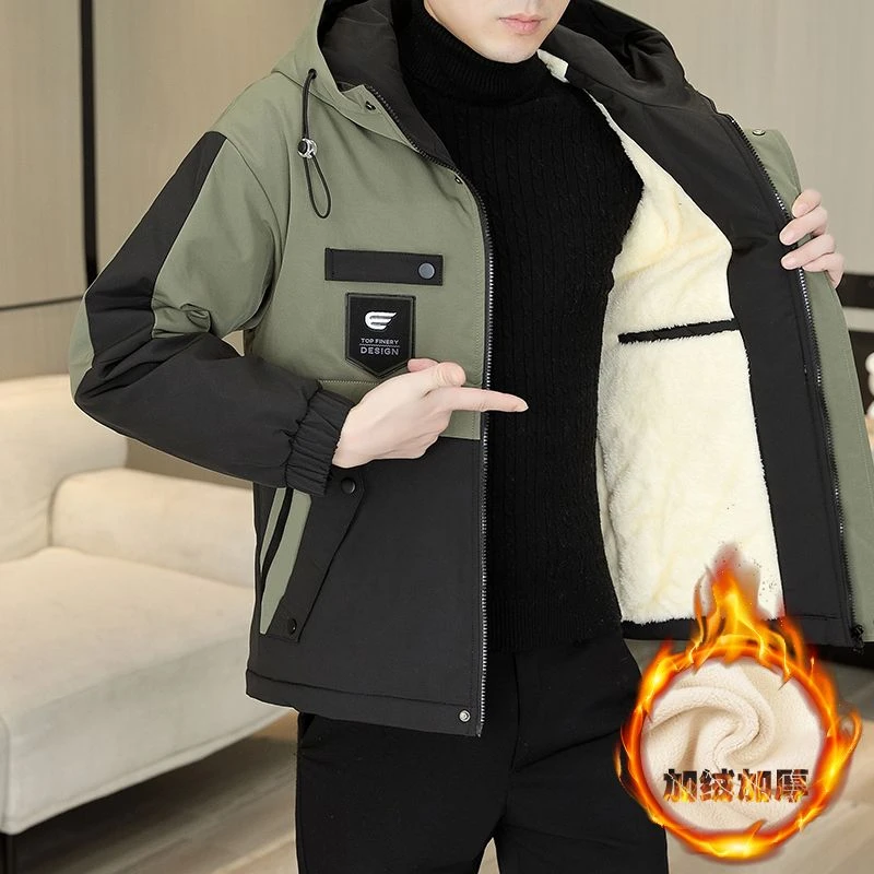 男士外套2024新款潮流男士工装连帽加绒夹克冲锋衣冬季加厚棉衣