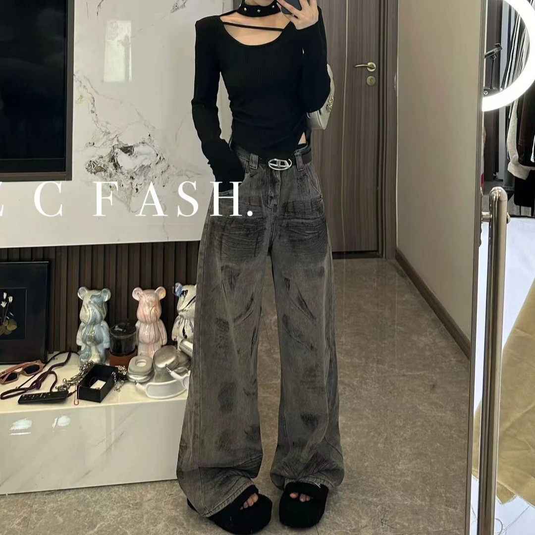 ZC-2025新款设计感复古扎染牛仔裤宽松慵懒松弛感拖地裤-k027