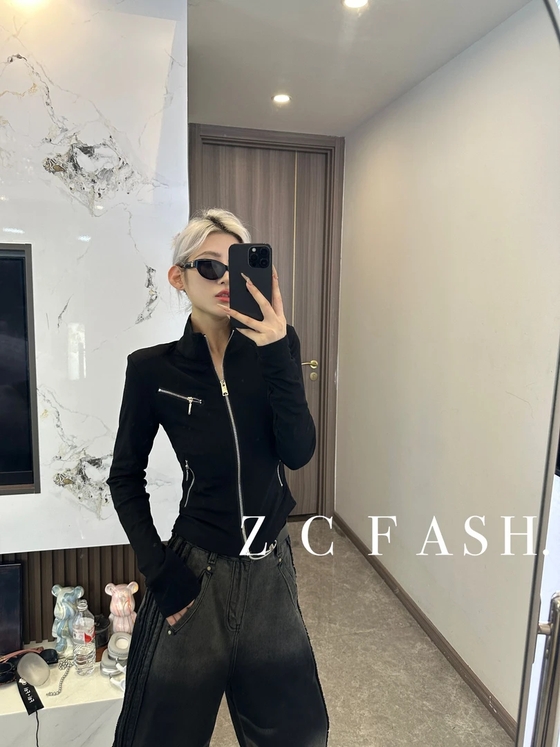 ZC-新品上衣秋冬假口袋设计长袖立领打底女修身别致百搭上衣-s037