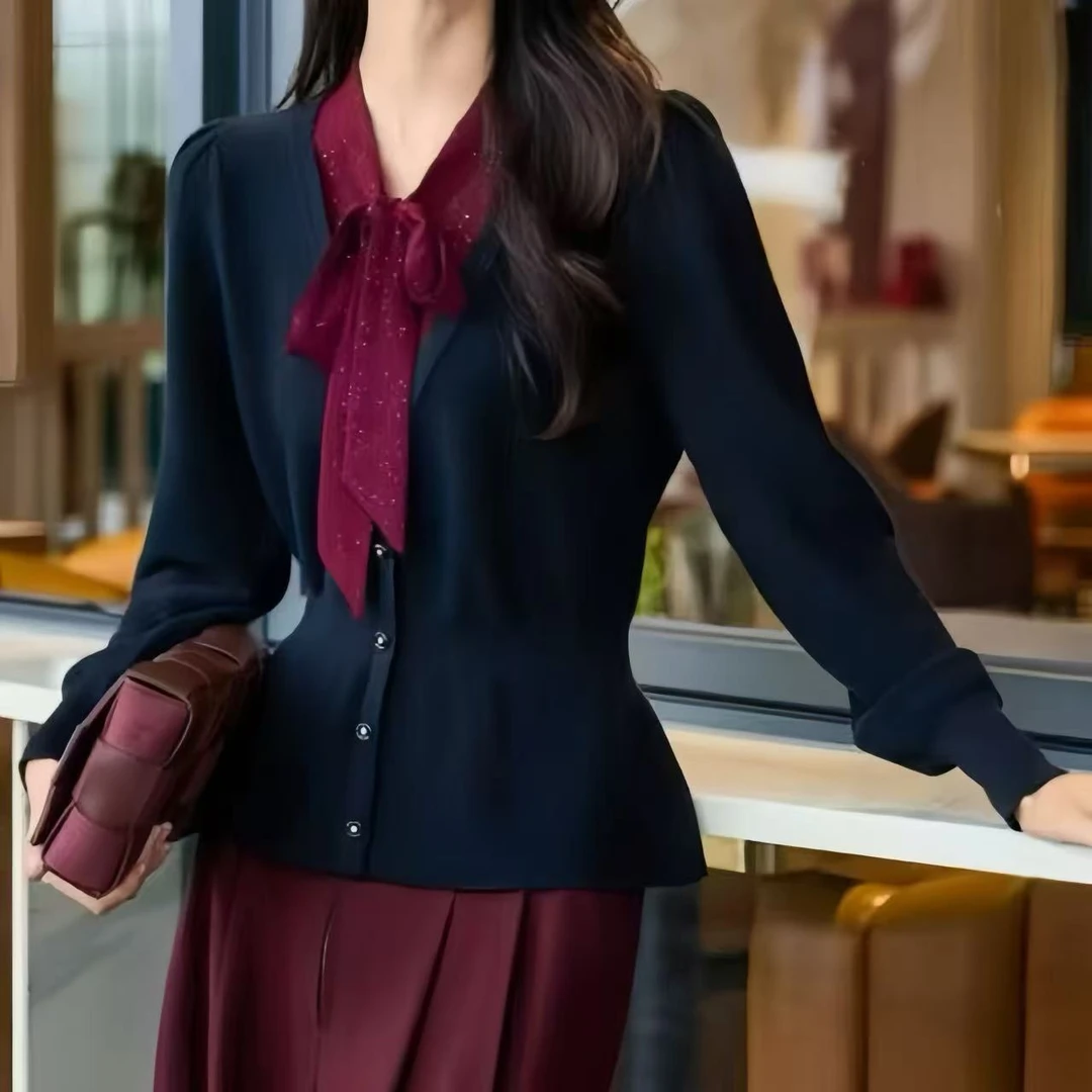 【优雅气质招牌】88586秋冬新款法式飘带拼接显瘦假两件针织上衣