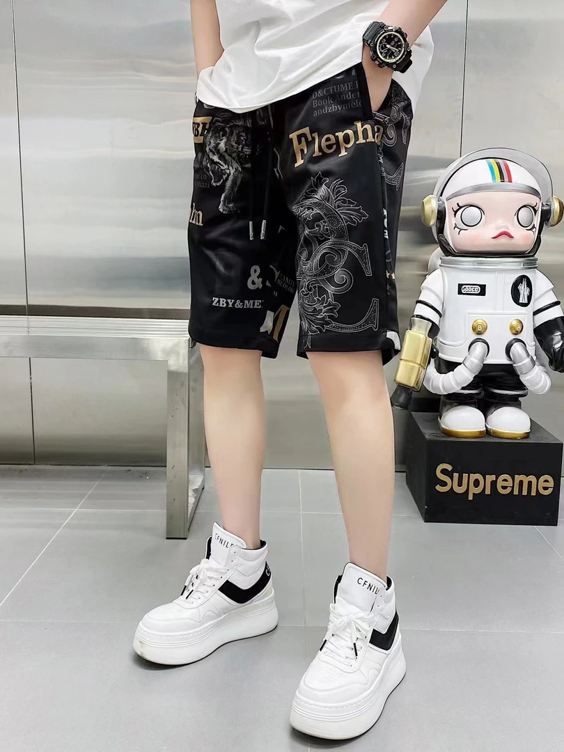 夏季新款男士高端欧货休闲运动时尚百搭潮流印花黑色短裤五分裤