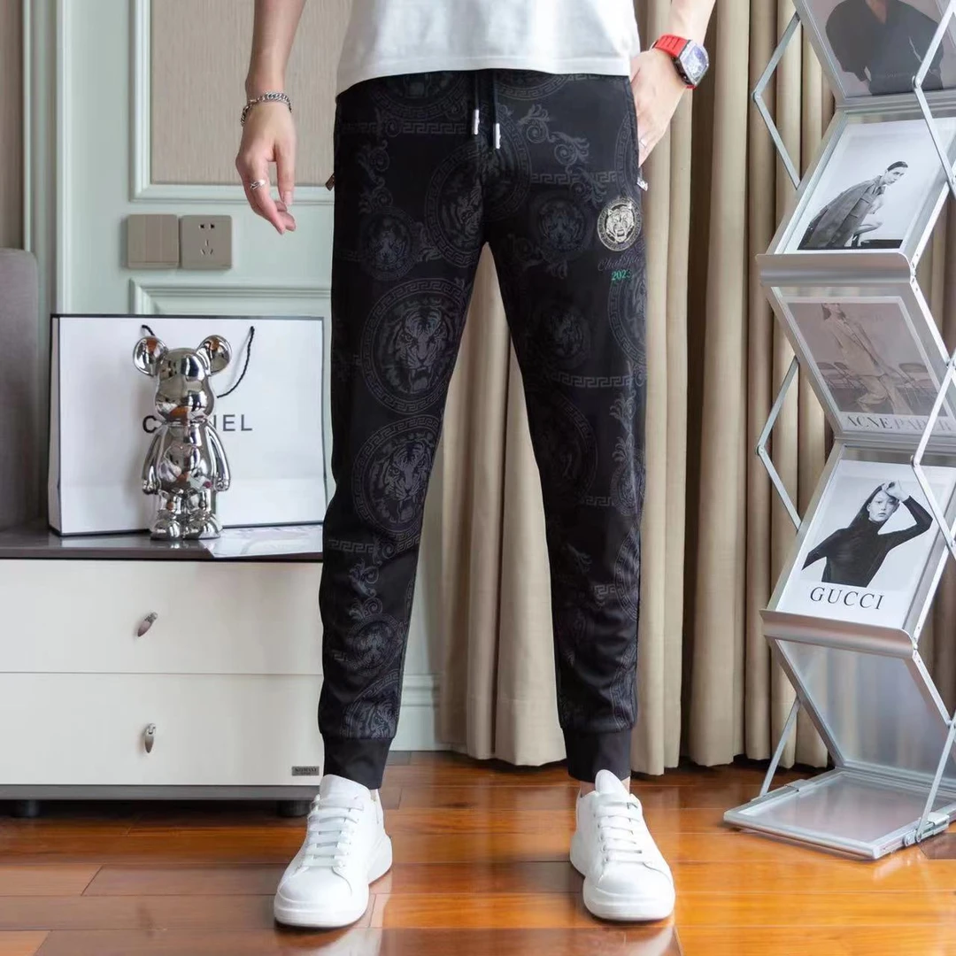 2023夏季新款高端欧货弹力男士个性时尚印花薄款冰丝运动束脚裤