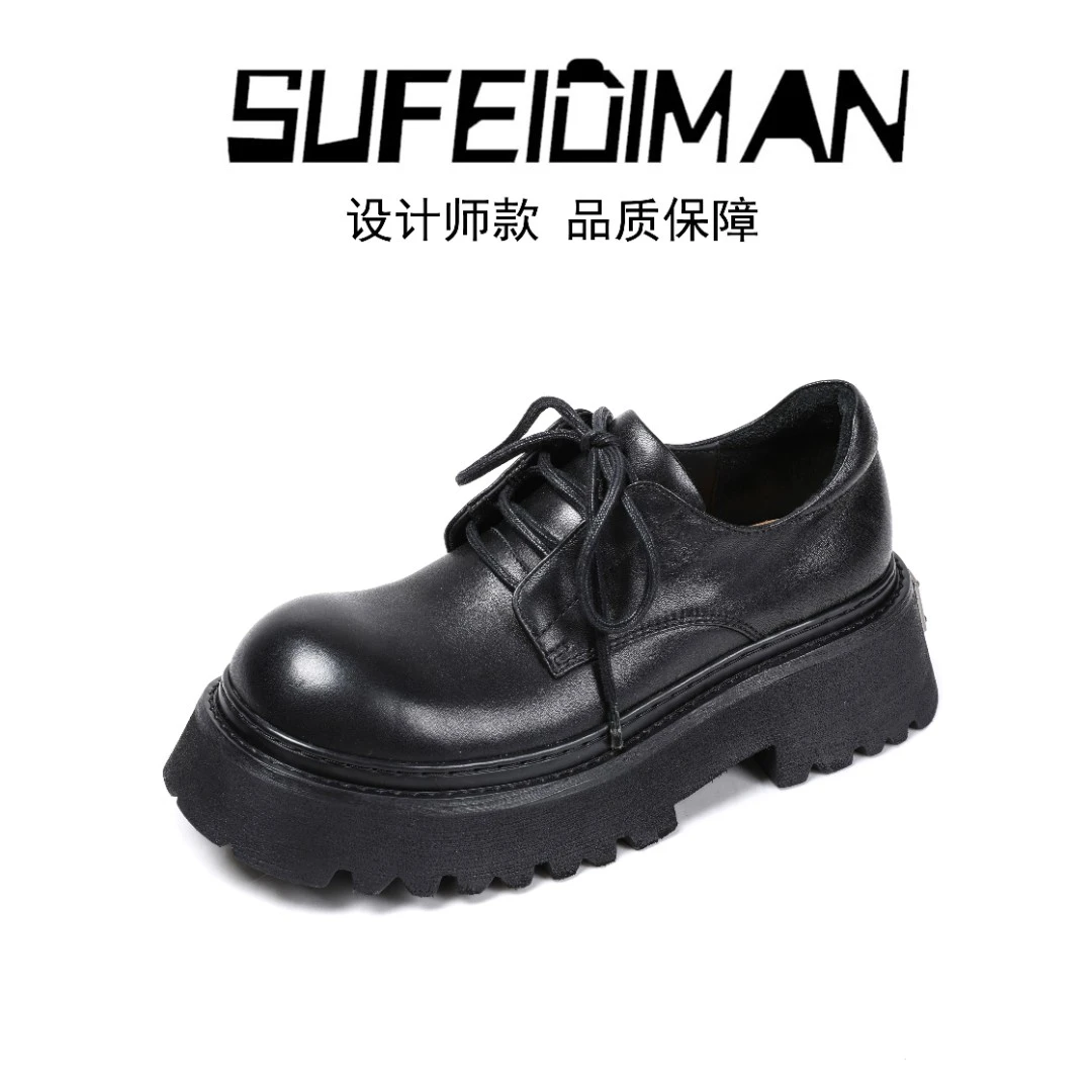 素菲迪缦休闲百搭黑色春季时尚圆头秋季系带休闲真皮皮鞋男英伦风