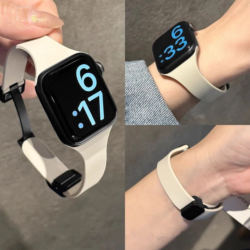 适用苹果手表iwatch8表带s9小蛮腰S10硅胶磁吸可爱金属S7运动SE女