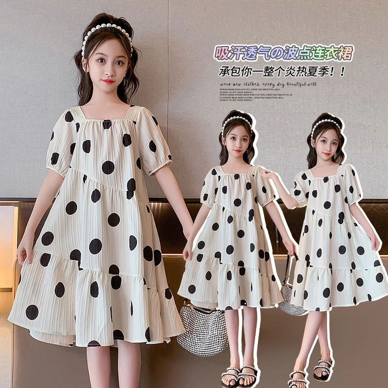 女大童圆点连衣裙夏装韩版时尚2023新款女孩初中生甜美方领裙子薄