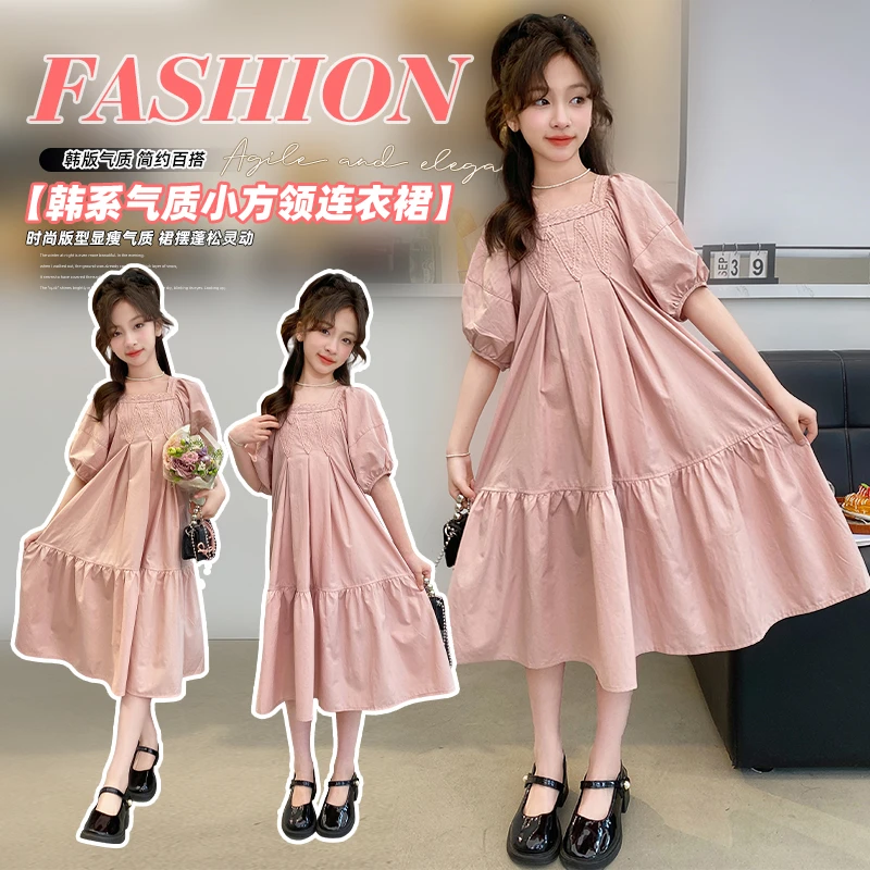 女童连衣裙夏季2024新款洋气儿童裙子女孩方领公主裙中大童中长款