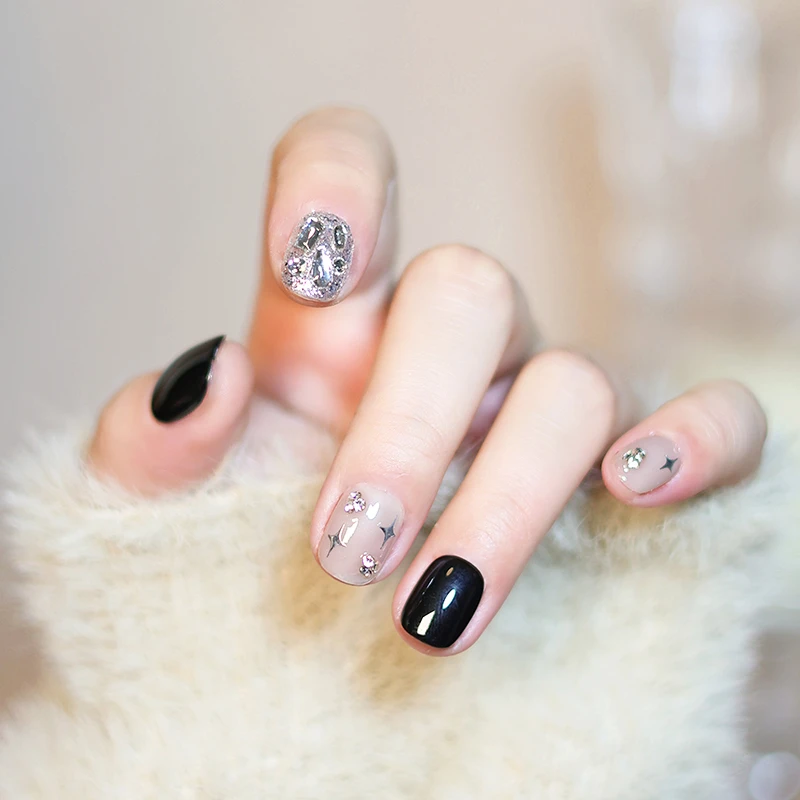 鲸喜手作2024年新款流行穿戴甲黑色星芒夜空闪闪美甲店同款做工