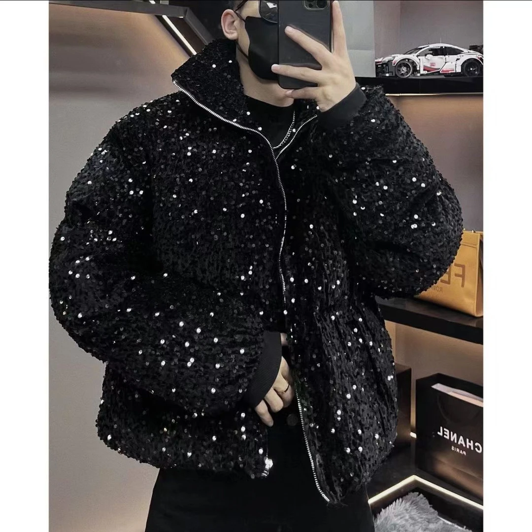 冬季棉服短款立领保暖外套男士ins潮牌高级感亮片满天星加厚棉衣