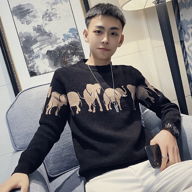 大象提花毛衣男秋冬季爆款网红痞帅修身圆领针织衫男士打底衫线衣