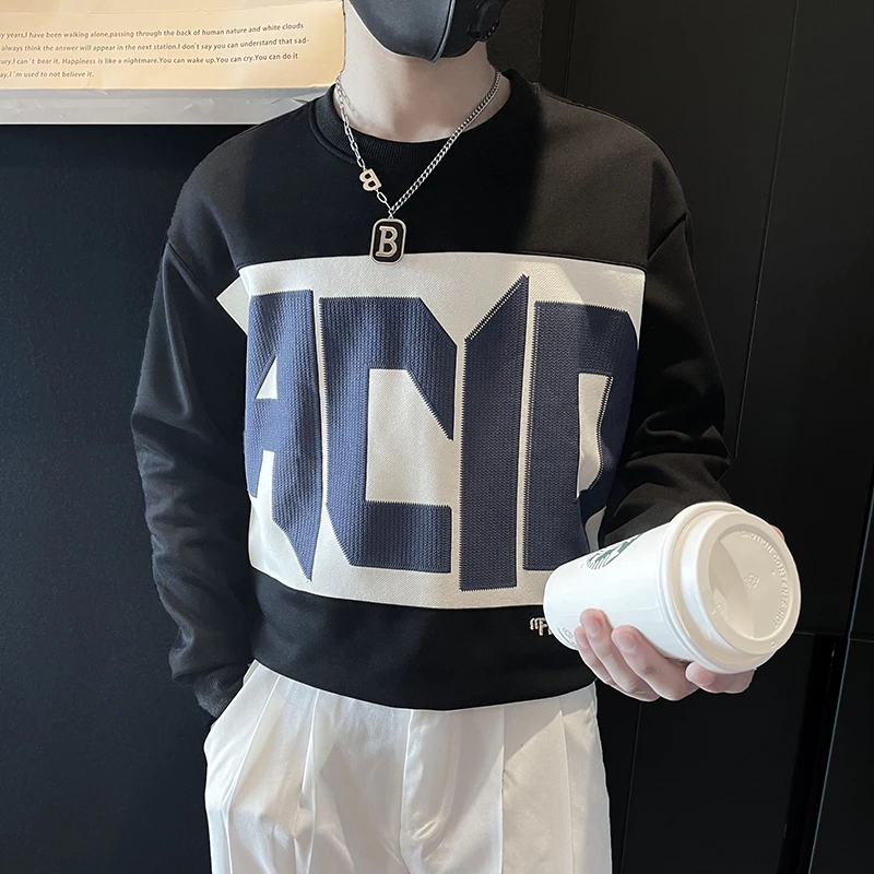 潮牌拼接卫衣男ins春秋季套头衫体恤2023新款男装上衣休闲长袖T恤