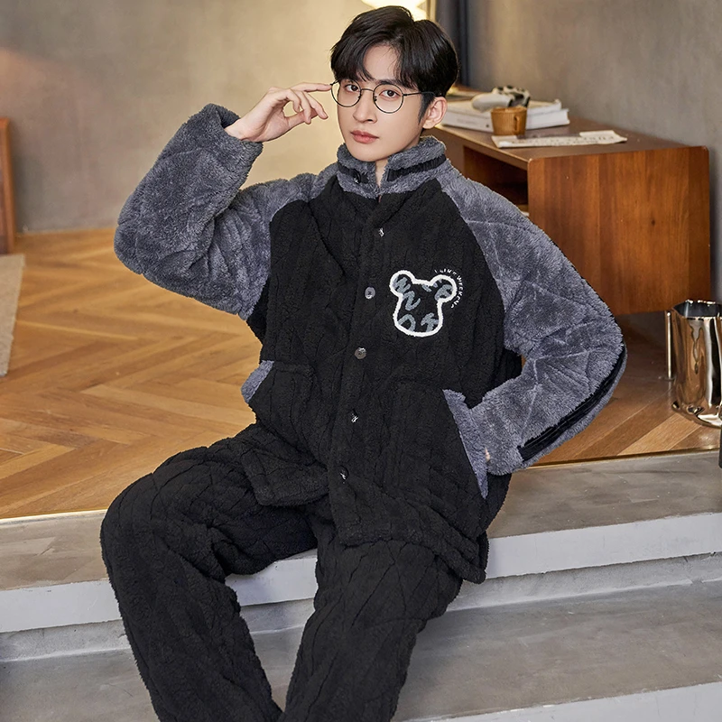 胖子睡衣男冬季加厚三层夹棉超厚珊瑚绒加肥加大码加绒棉袄家居服
