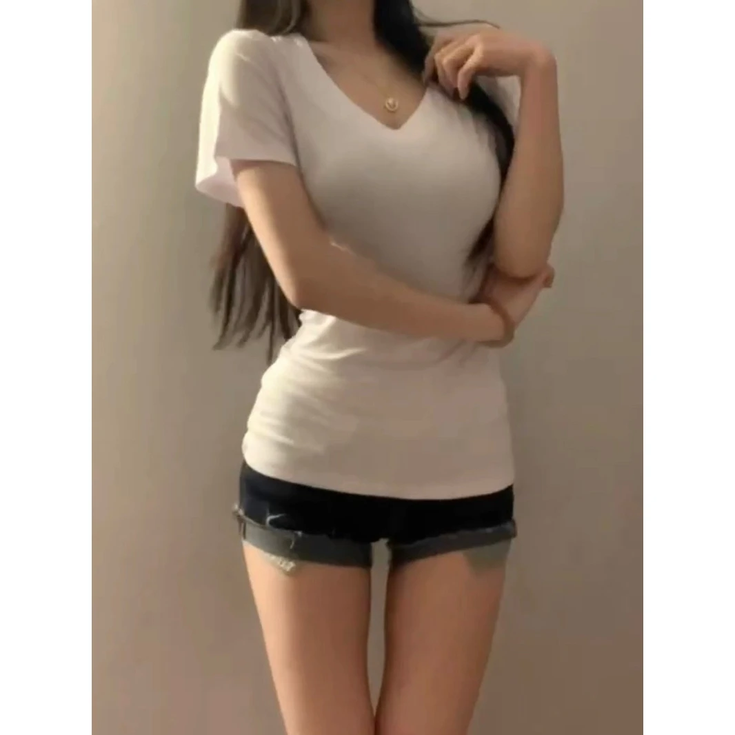 白色正肩v领短袖t恤女夏季修身显瘦辣妹百搭内搭打底衫基础款上衣