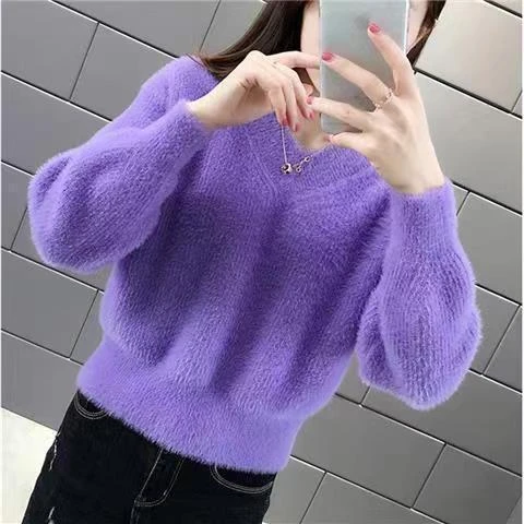 新款仿水貂绒毛衣女宽松版鸡心领打底衫套头内搭时尚慵懒风洋气针