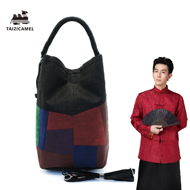 文艺桑蚕丝真丝香云纱龟裂纹手提包拼接撞色斜挎包女士小众软包
