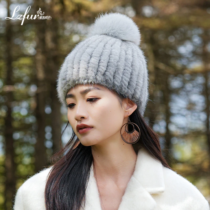 水貂毛帽子女冬季貂皮皮草帽冬天护耳保暖加厚韩版毛线帽骑行2723