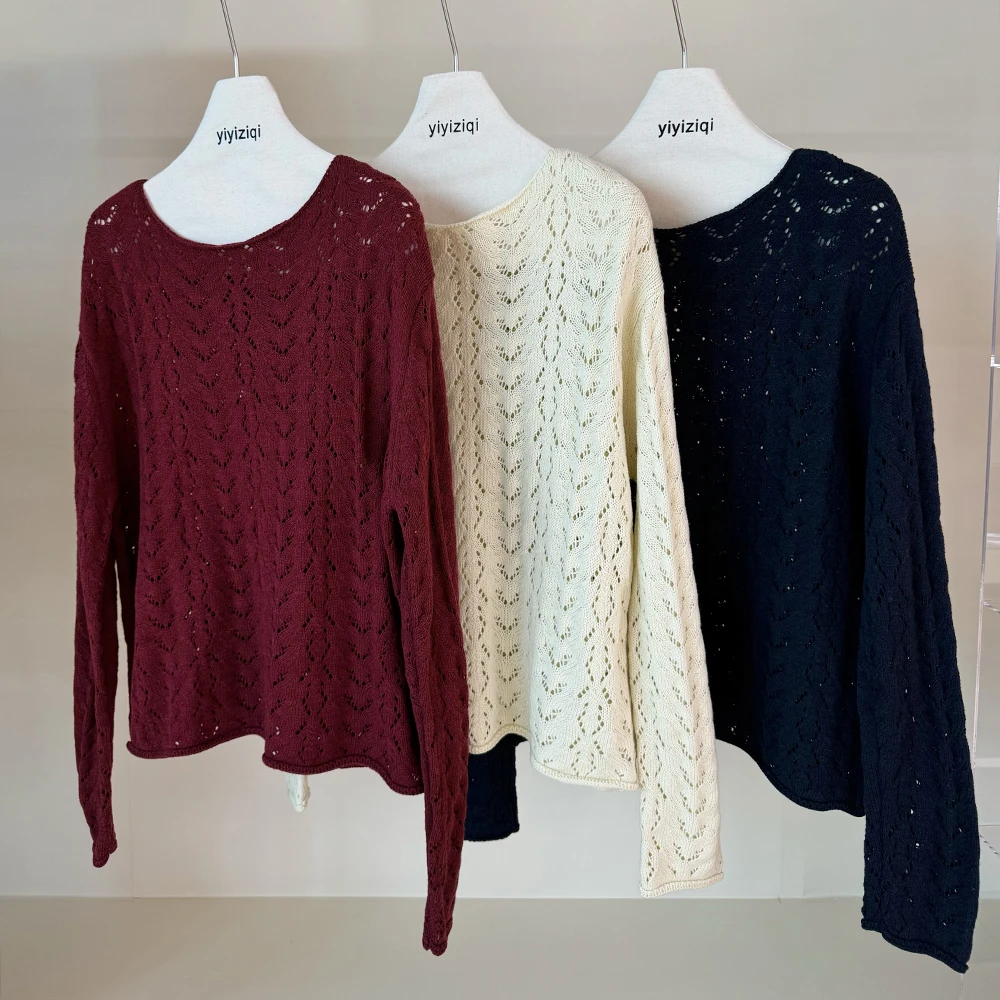 阿洁yiyiziqi【挚爱年华】针织绵羊毛套头圆领镂空长袖毛织衫女3805