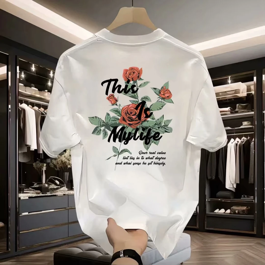 欧美街头玫瑰印花短袖男女2024夏季高街oversize情侣设计感纯棉T