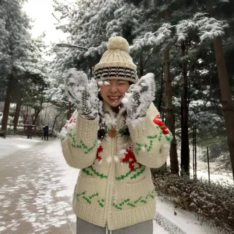 100羊毛韩国urba30设计师同款粗棒针滑雪氛围感毛衣外套