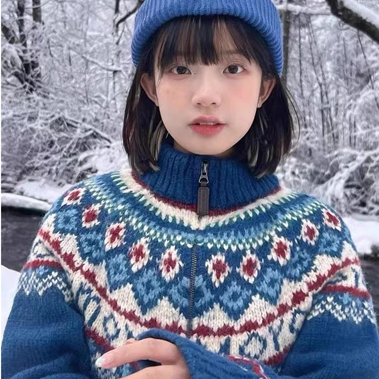 蓝色费尔岛高领拉链毛衣外套女秋冬慵懒风针织开衫