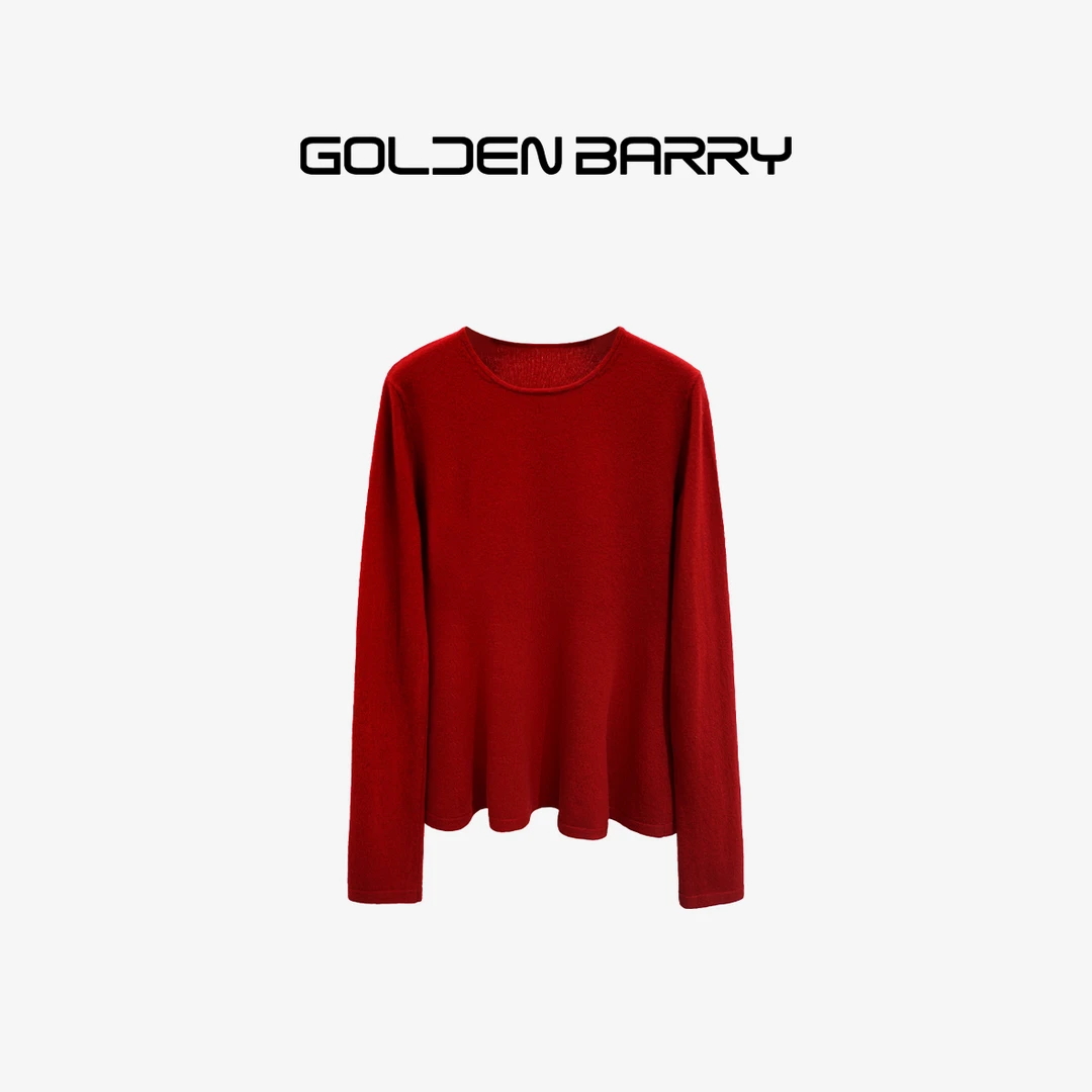 GOLDENBARRY|241157时尚百搭简约纯色圆领套头收腰荷叶边针织毛衫