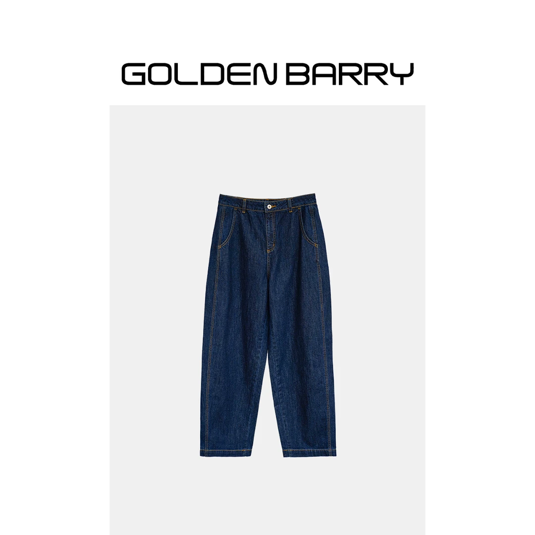 GOLDENBARRY|505110设计师时尚百搭宽松丹宁蓝水洗镰刀牛仔裤高腰