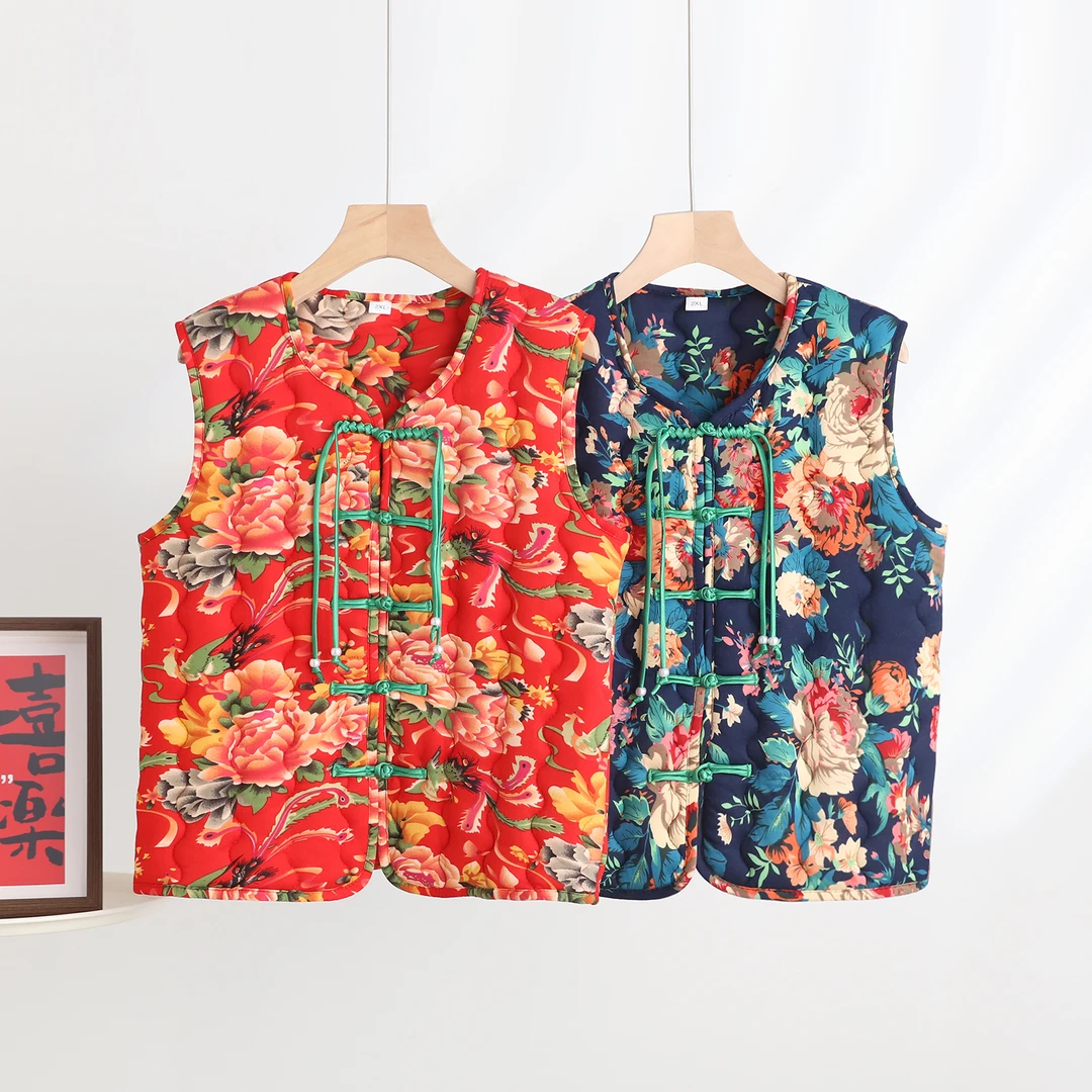 网红爆款新中式国风东北大花袄时尚盘扣棉马甲秋冬款丝绵防寒坎肩