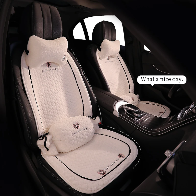 新款冬季毛绒汽车坐垫简约山茶花个性座椅垫冬天保暖短毛绒车垫子