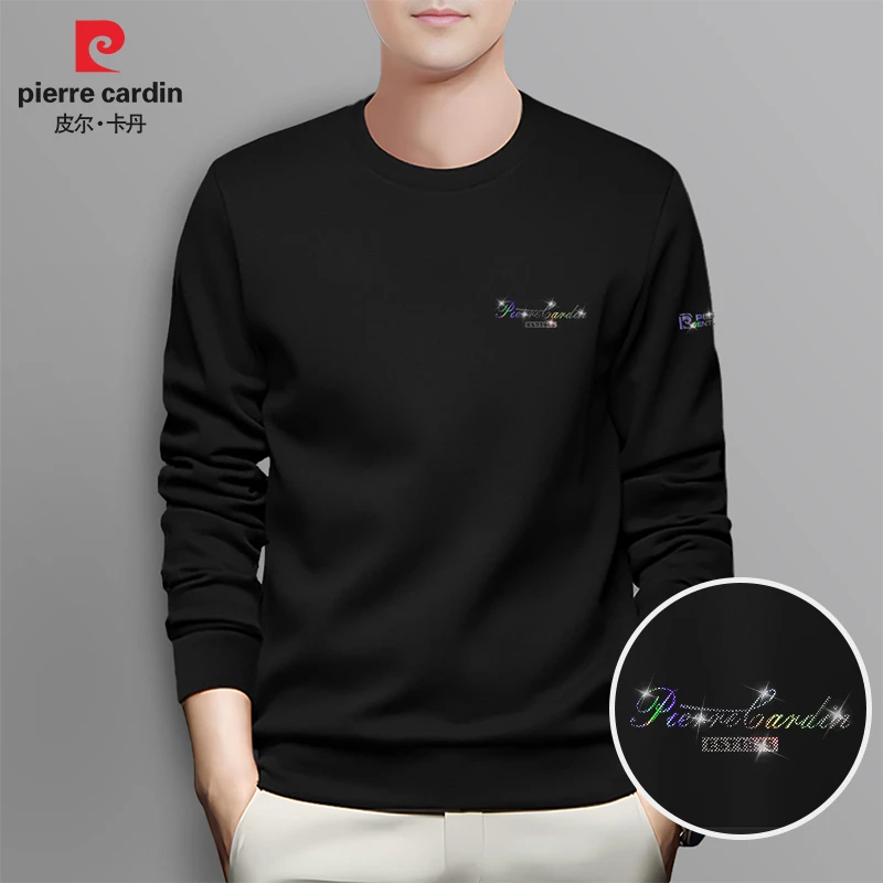 皮尔卡丹品牌男士高端卫衣秋冬新款潮流印花圆领黑色上衣服P80254