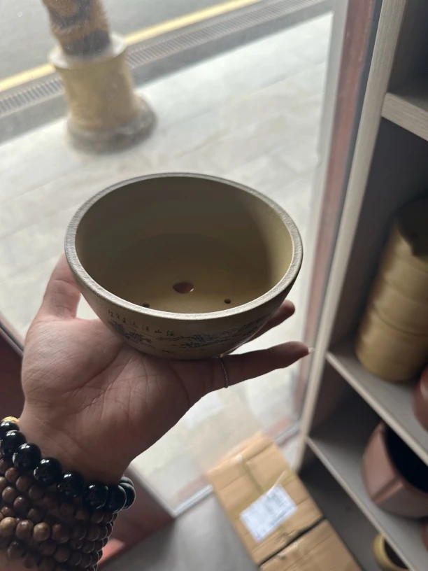 宜兴紫砂精品段泥碗形花盆远清山溪刻画花盆12x4.4