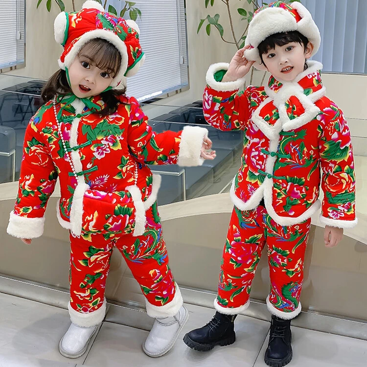 男童花棉袄童装东北大花套装中小童棉衣新年衣服拜年服儿童套装