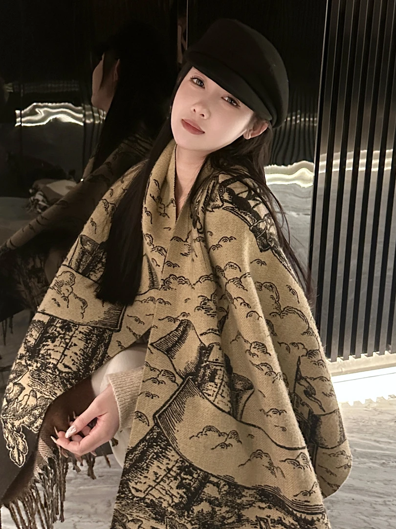 2023爆款中国风披肩马术骑士百搭羊绒双面流苏情侣保暖围巾披肩