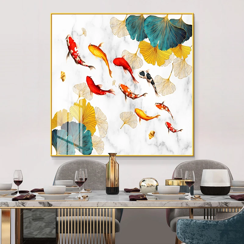 九鱼图挂在餐厅墙上的装饰画高端挂画2023新款饭厅背景玄关正方形