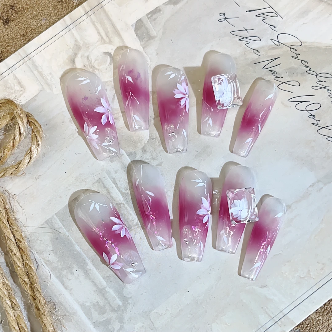 Q08纯手工穿戴甲【紫藤花】气质渐变春夏