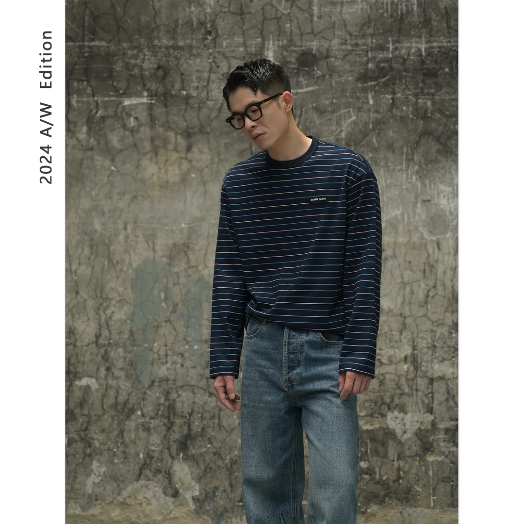 DUPU 时髦Miu风定织罗口240g全棉条纹长袖TEE