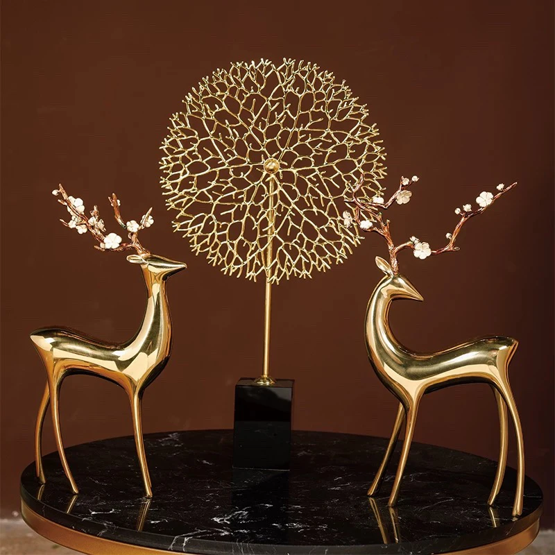 黄铜梅花鹿摆件一对铜鹿美式轻奢现代简约家居电视柜装饰品