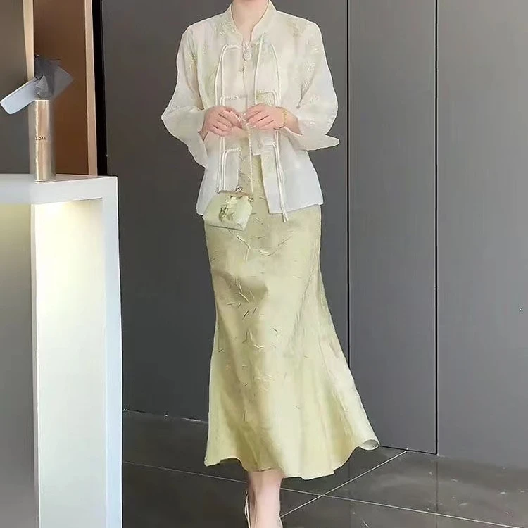 中秋大促.国风女高级感盘扣提花衬衫鱼尾半身裙两件套/上衣+半裙