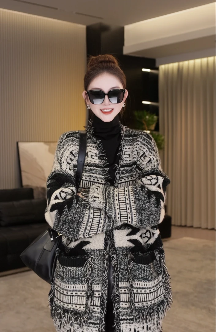 欧货流苏毛边V领拼色网红女秋冬慵懒风气质大牌毛衣外套开衫