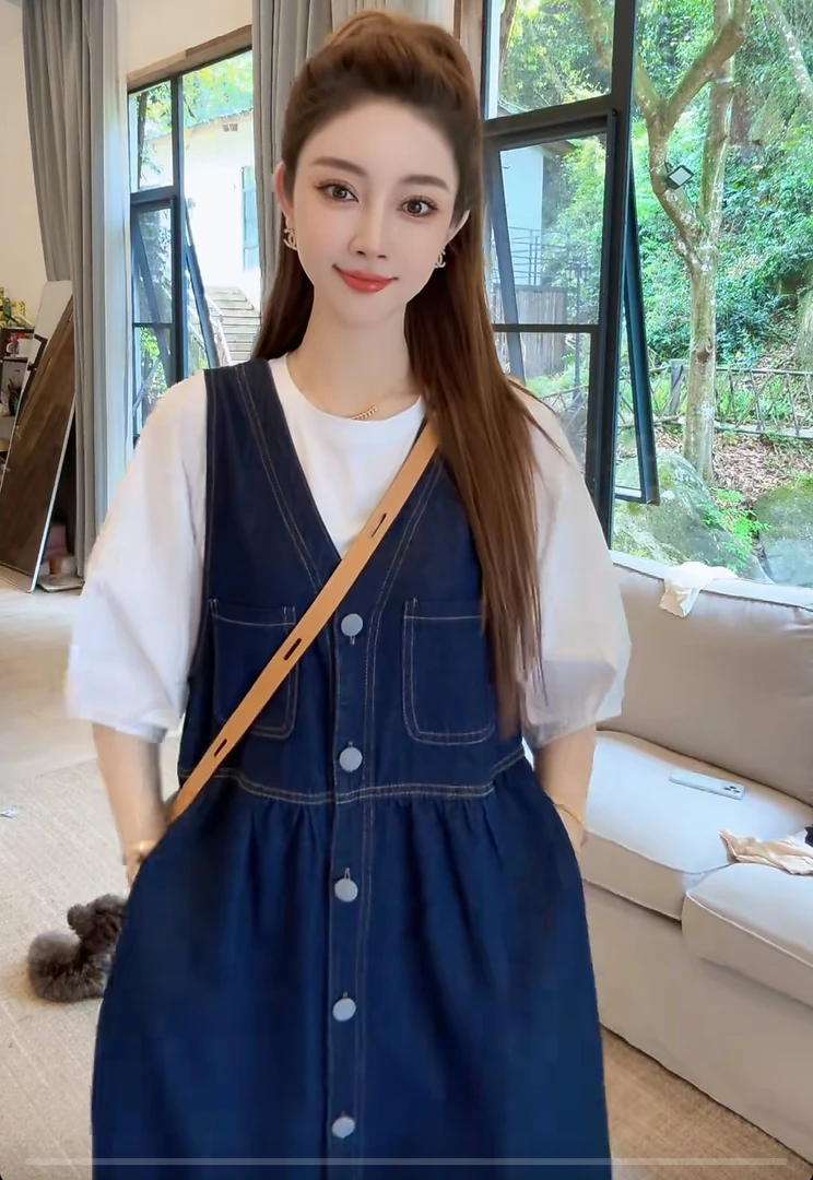 【现货秒发】豆子严选-中长款单排扣牛仔背带裙裙子DZ93207