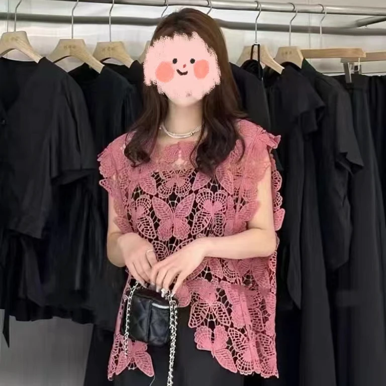 【现货秒发】洋洋优选-春夏新款蝴蝶镂空刺绣蕾丝衫无袖背心YY69952