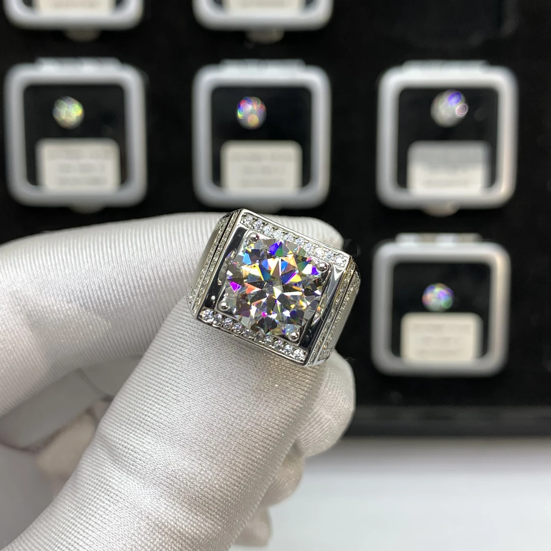 925银莫桑石戒指 5克拉星光男神时尚结婚经典磨砂镶嵌满钻男戒