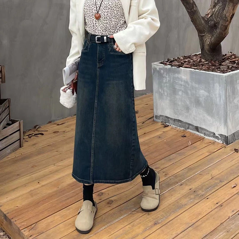 欧货时尚秋冬植绒显瘦高腰百搭后开叉中长款韩版加绒牛仔裙半身裙