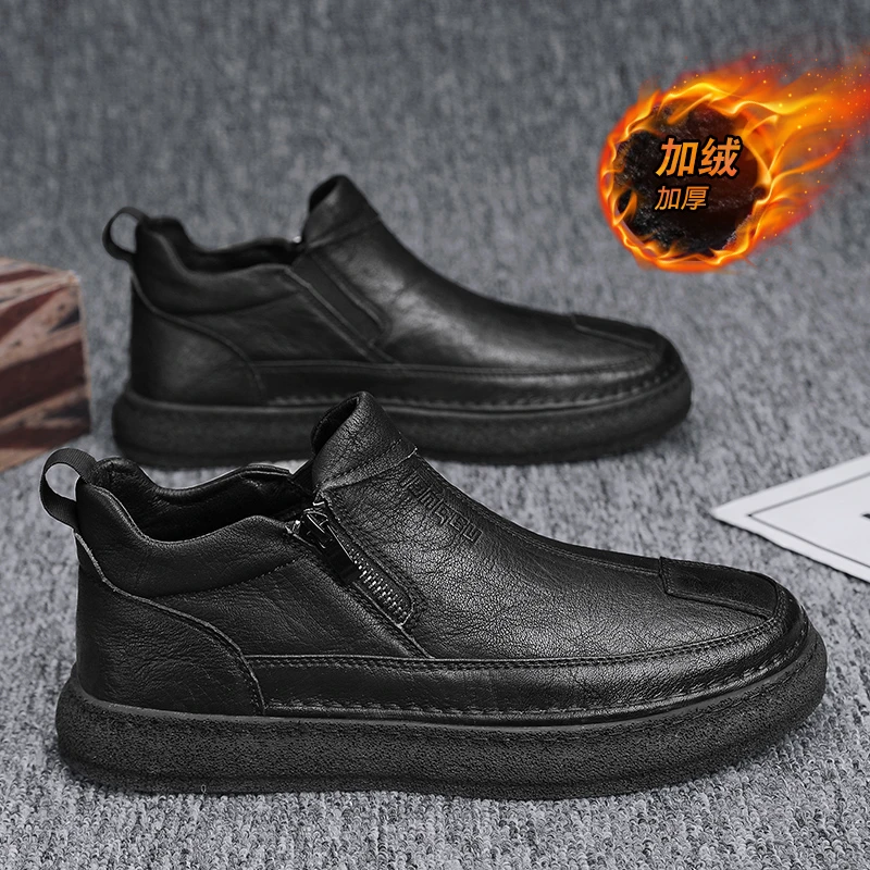 回力瑞男鞋2023新款冬季防滑防水黑色皮鞋男士侧拉链加绒鞋子