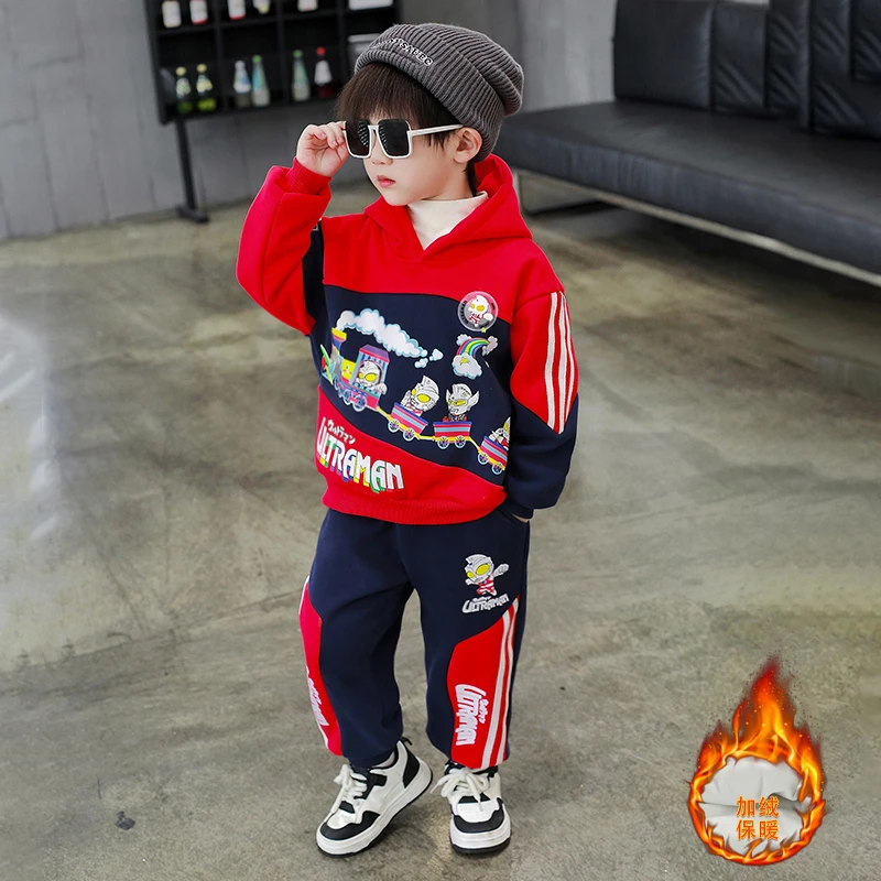 奥特曼衣服男童秋冬加绒套装2024新款儿童冬装连帽韩版卫衣两件套
